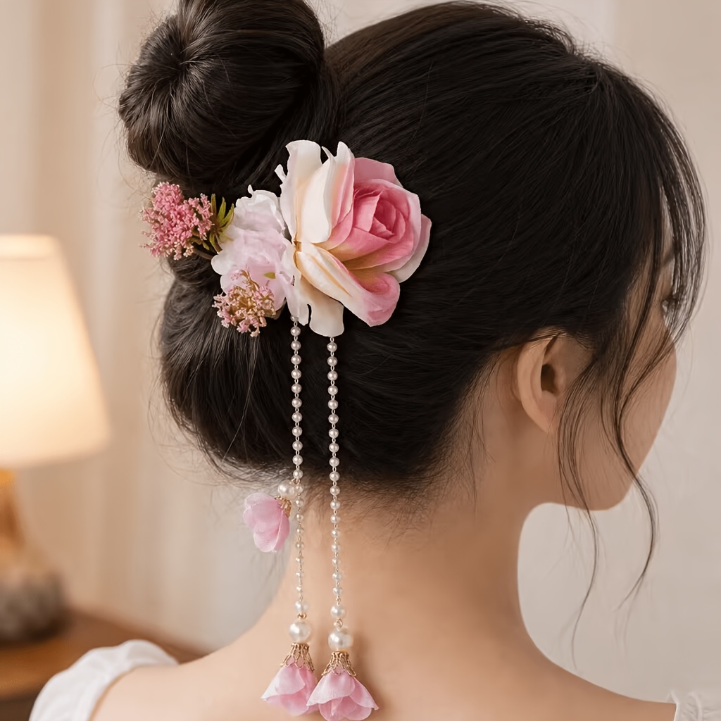 Elegant Ethereal Floral Tassel Hair Clip, Romantic Bun Accessory